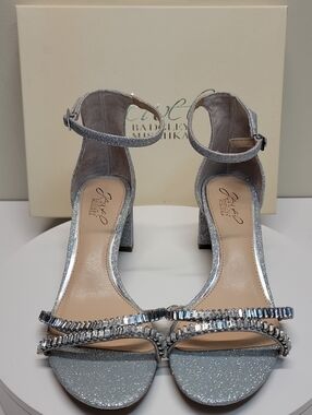 Badgley Mischka NEW Silver Glitter Rhinestone Ankle-Strap Block Heels